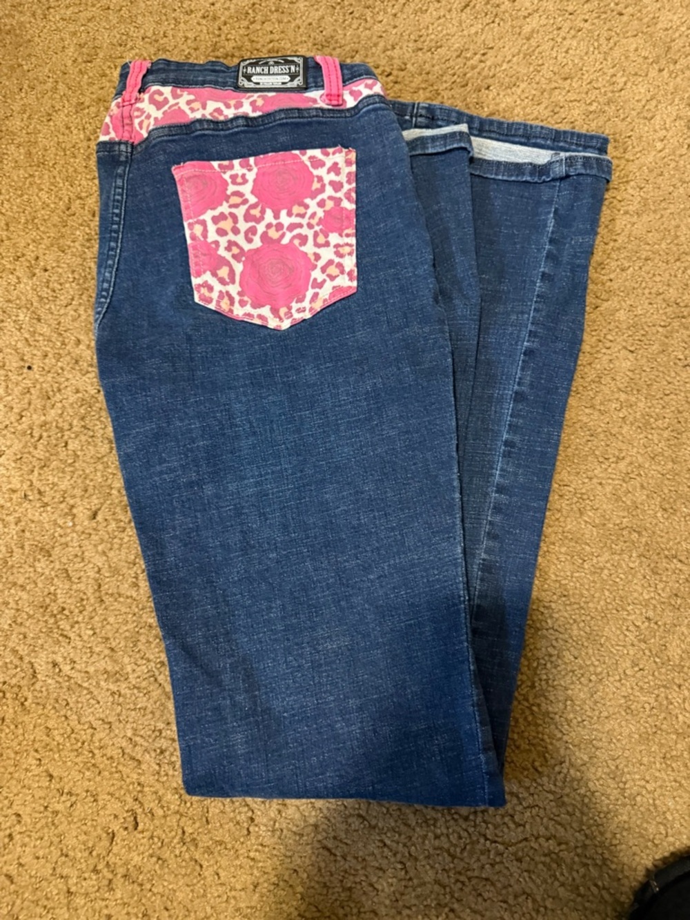 Dark Blue ranch Dressn Women's Jeans with Pink Leopard Pocket - Picture 1 of 1